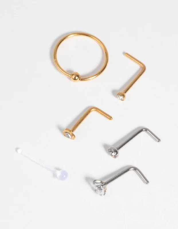 Elegant Nose Rings with Bold Details -Surgical Steel & Silicone Nose Stud & Ring 6-Pack Elegant Nose Rings with Bold Details -Surgical Steel & Silicone Nose Stud & Ring 6-Pack