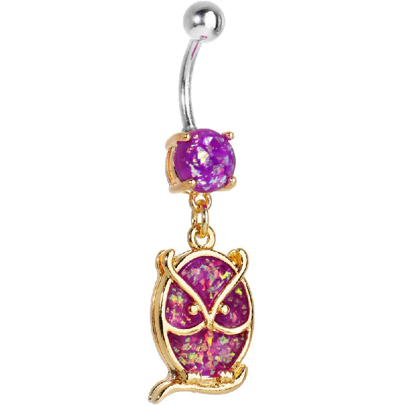 Designer Belly Rings for Bold Fashion -Purple Imitation Opal Gold Plated Wise Owl Dangle Belly Ring Designer Belly Rings for Bold Fashion -Purple Imitation Opal Gold Plated Wise Owl Dangle Belly Ring
