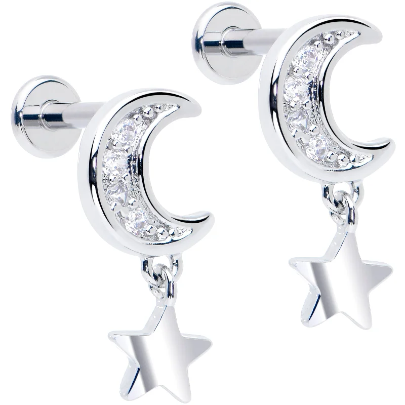 Women's Earrings – Elegant Designs for Every Personality--Titanium Flat Back Earring Set - CZ Crescent Moon Star Dangle 16 Gauge