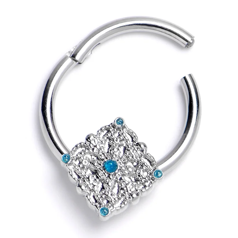 Simple Nose Rings for Effortless Style -16 Gauge 3/8 Lacy Rhombus Orbs Blue Hinged Segment Ring Simple Nose Rings for Effortless Style -16 Gauge 3/8 Lacy Rhombus Orbs Blue Hinged Segment Ring