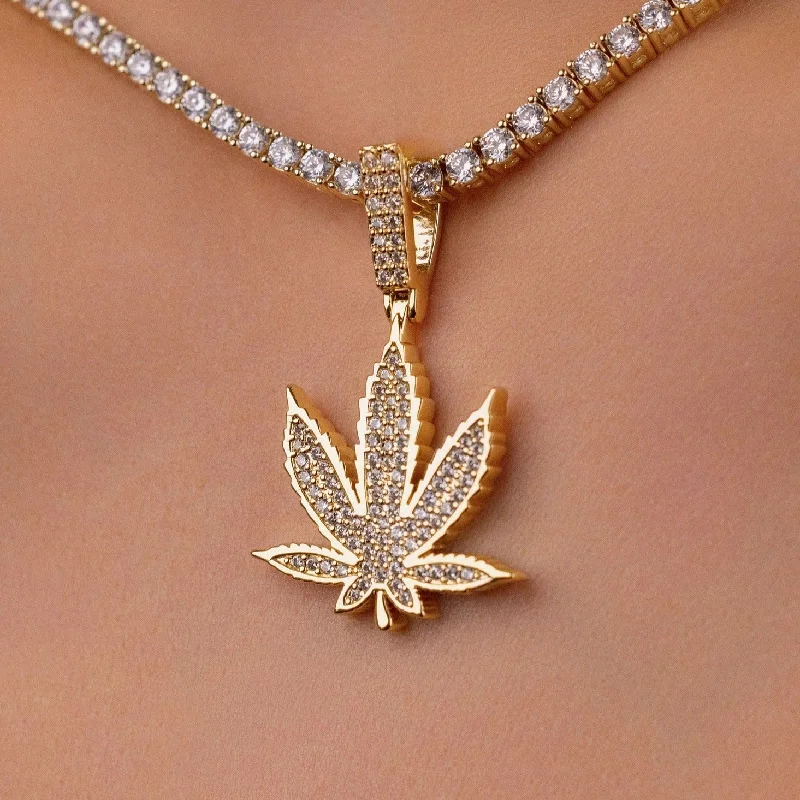 Shop Classic Women's Necklaces & Pendants with a Modern Twist-Diamond Weed Leaf Pendant in Yellow Gold Shop Classic Women's Necklaces & Pendants with a Modern Twist-Diamond Weed Leaf Pendant in Yellow Gold