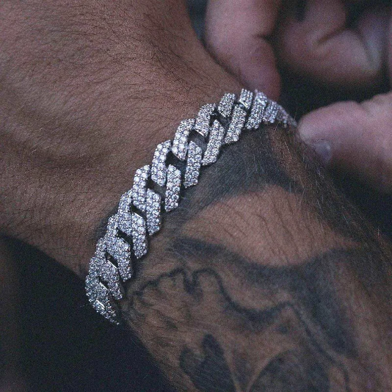 Stainless Steel Bracelets for Men-Diamond Prong Link Bracelet in White Gold - 12mm