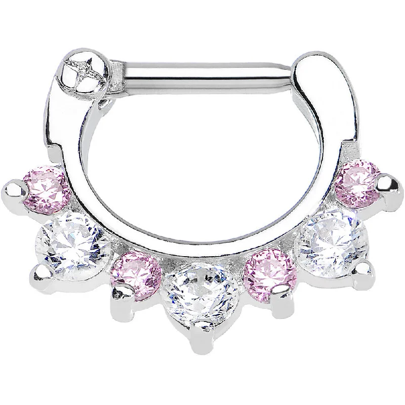 Premium Nose Rings -14 Gauge 5/16 Seven Pink and Clear Cubic Zirconia Septum Clicker Premium Nose Rings -14 Gauge 5/16 Seven Pink and Clear Cubic Zirconia Septum Clicker