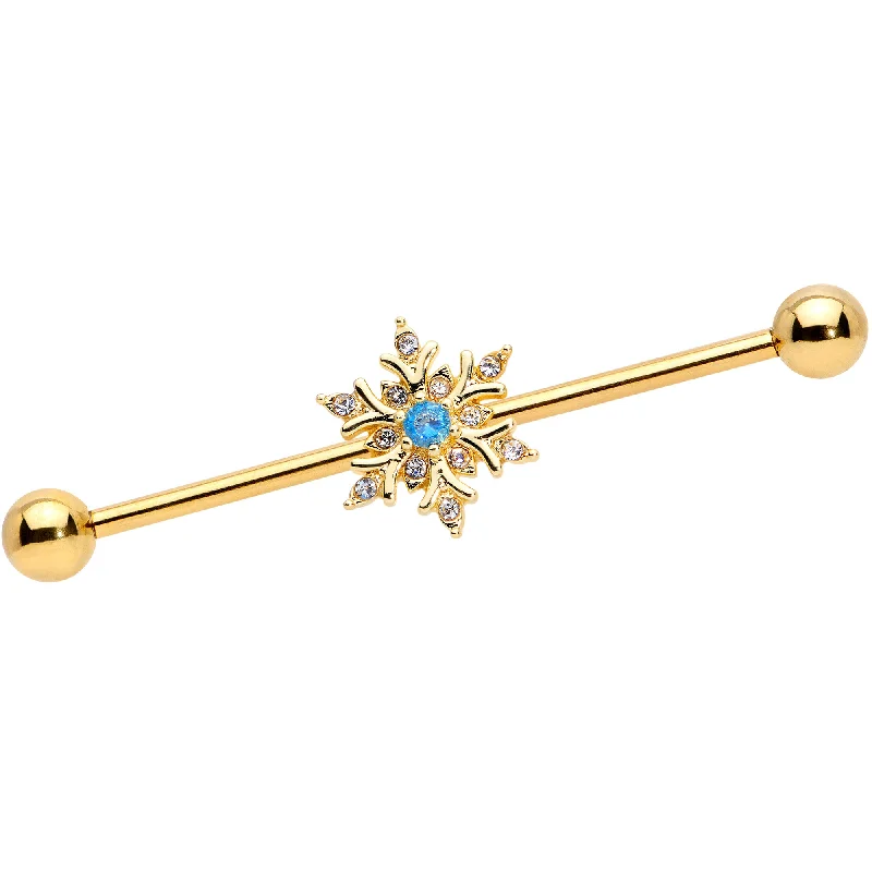 Women's Earrings – Elegant Designs for Every Personality--14 Gauge Blue CZ Gem Gold Tone Snowflake Industrial Barbell 38mm Women's Earrings – Elegant Designs for Every Personality--14 Gauge Blue CZ Gem Gold Tone Snowflake Industrial Barbell 38mm