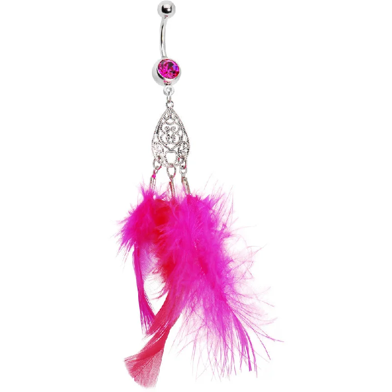 Comfortable Belly Rings with Modern Appeal -Pink Chic Chandelier Feather Belly Ring