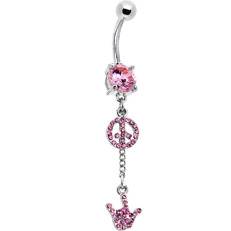 Beautiful Belly Rings for Glamorous Touch -Pink Gem Peace Symbols Belly Ring