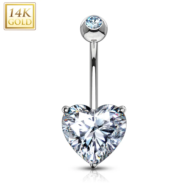 Beautiful Belly Rings with Dazzling Stones -14kt Solid White Gold Prong Set 8mm CZ Heart Belly Ring Beautiful Belly Rings with Dazzling Stones -14kt Solid White Gold Prong Set 8mm CZ Heart Belly Ring