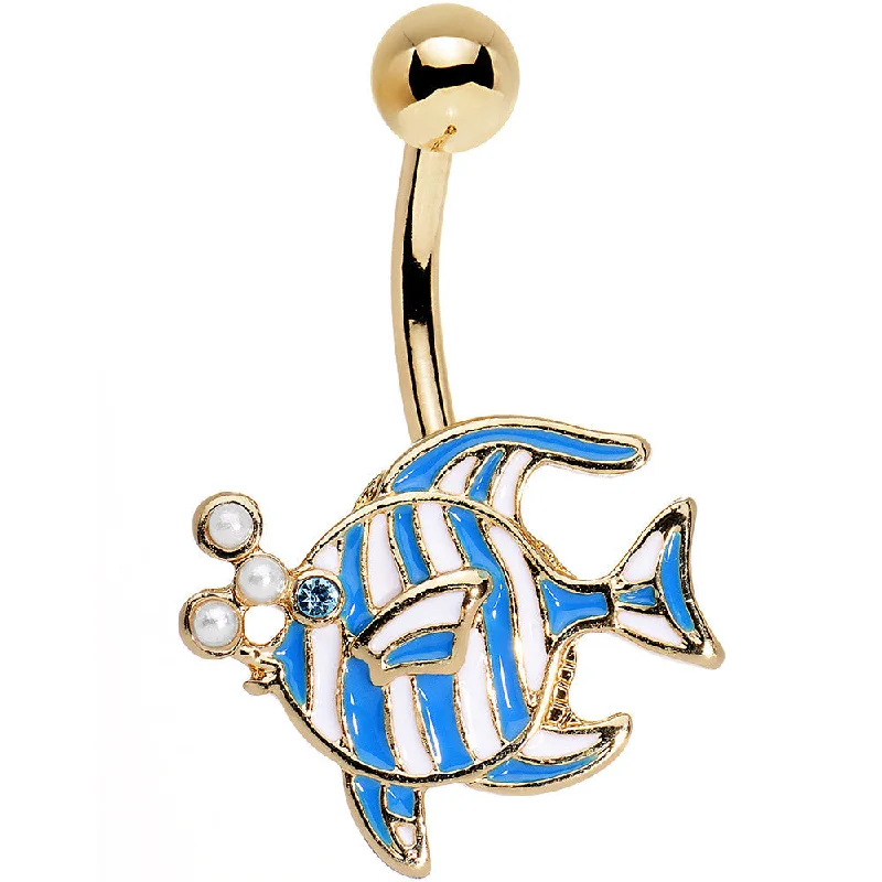Belly Rings for Piercings -Blue Gem White Orb Gold PVD Fashionable Fishy Belly Ring
