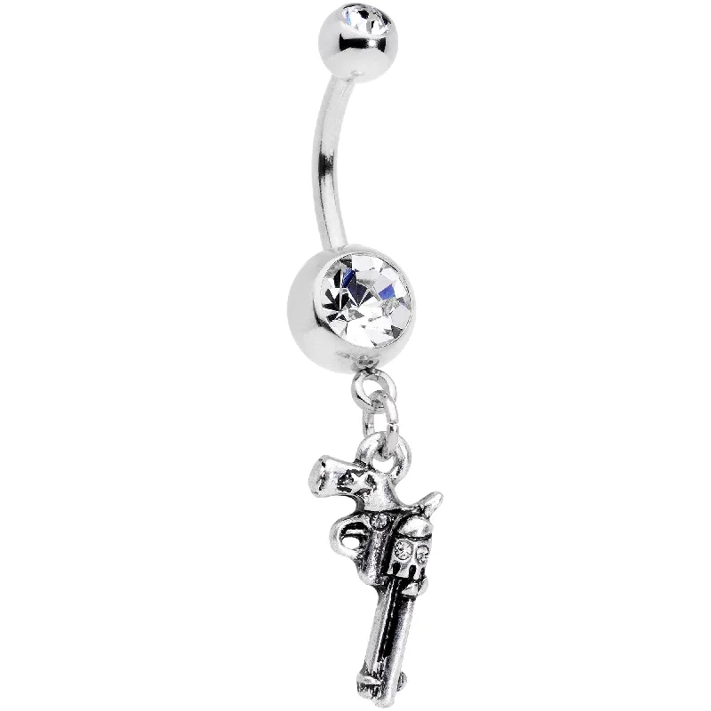 Fashionable Belly Rings for Trendy Looks -Clear Gem Under the Gun Dangle Belly Ring