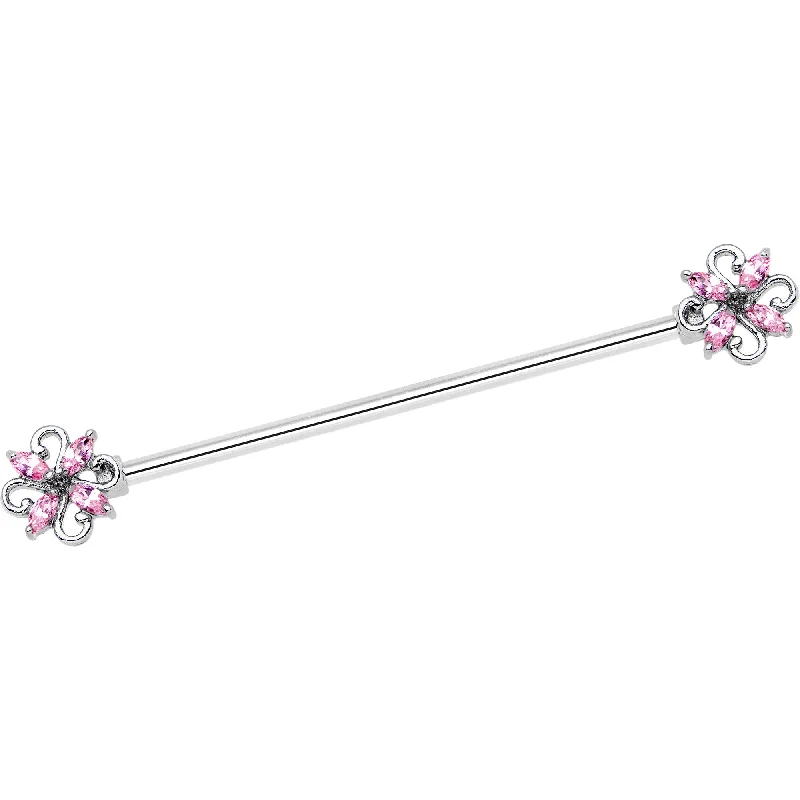 Women's Earrings – Elegant Designs for Every Personality--14 Gauge Pink Gem Windmill Flower Industrial Barbell 38mm