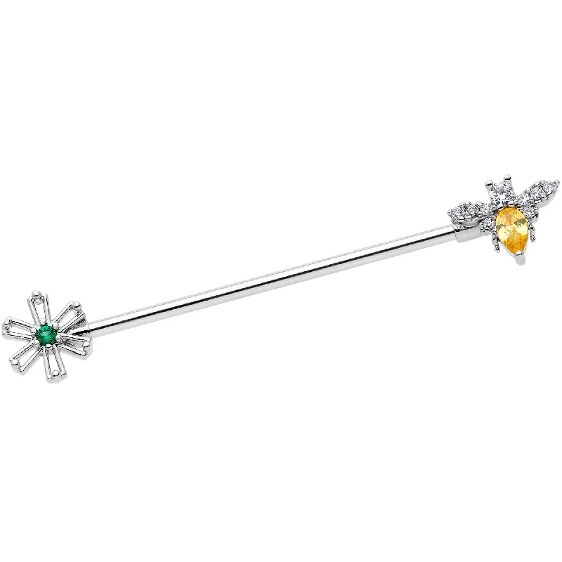 Women's Earrings – Elegant Designs for Every Personality--14 Gauge Clear Yellow CZ Gem Bumble Bee Flower Industrial Barbell 38mm