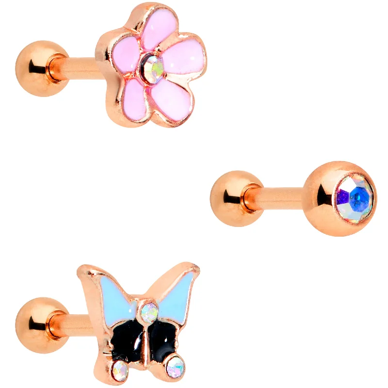 Women's Earrings – Elegant Designs for Every Personality--16 Gauge 1/4 Aurora Gem Rose Gold Tone Flower Cartilage Tragus Set of 3 Women's Earrings – Elegant Designs for Every Personality--16 Gauge 1/4 Aurora Gem Rose Gold Tone Flower Cartilage Tragus Set of 3