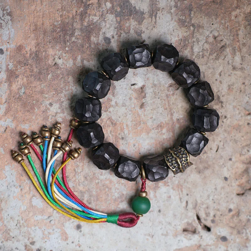 Men's Bracelets with Tribal Patterns-Buddha Stones Tibet Ebony Wood Copper Peace Tassel Wrist Mala Bracelet Men's Bracelets with Tribal Patterns-Buddha Stones Tibet Ebony Wood Copper Peace Tassel Wrist Mala Bracelet