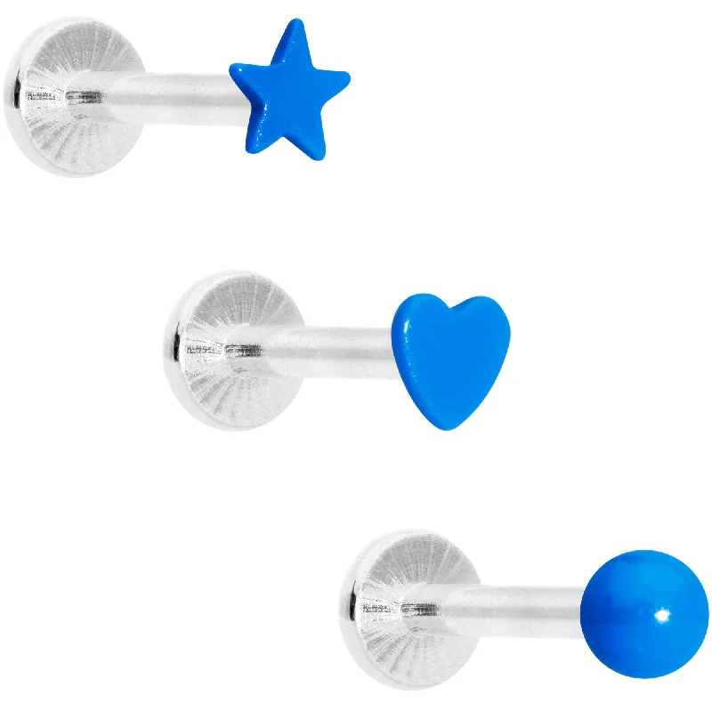 Lip Rings with Colorful Stones for Fun Looks16 Gauge 5/16 Blue Glow Star Heart Labret Set of 3 Lip Rings with Colorful Stones for Fun Looks16 Gauge 5/16 Blue Glow Star Heart Labret Set of 3