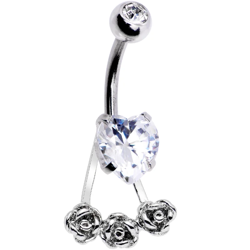 Designer Belly Rings for Personalized Style -Clear CZ Gem Heart Kissed Rose Flower Dangle Belly Ring Designer Belly Rings for Personalized Style -Clear CZ Gem Heart Kissed Rose Flower Dangle Belly Ring