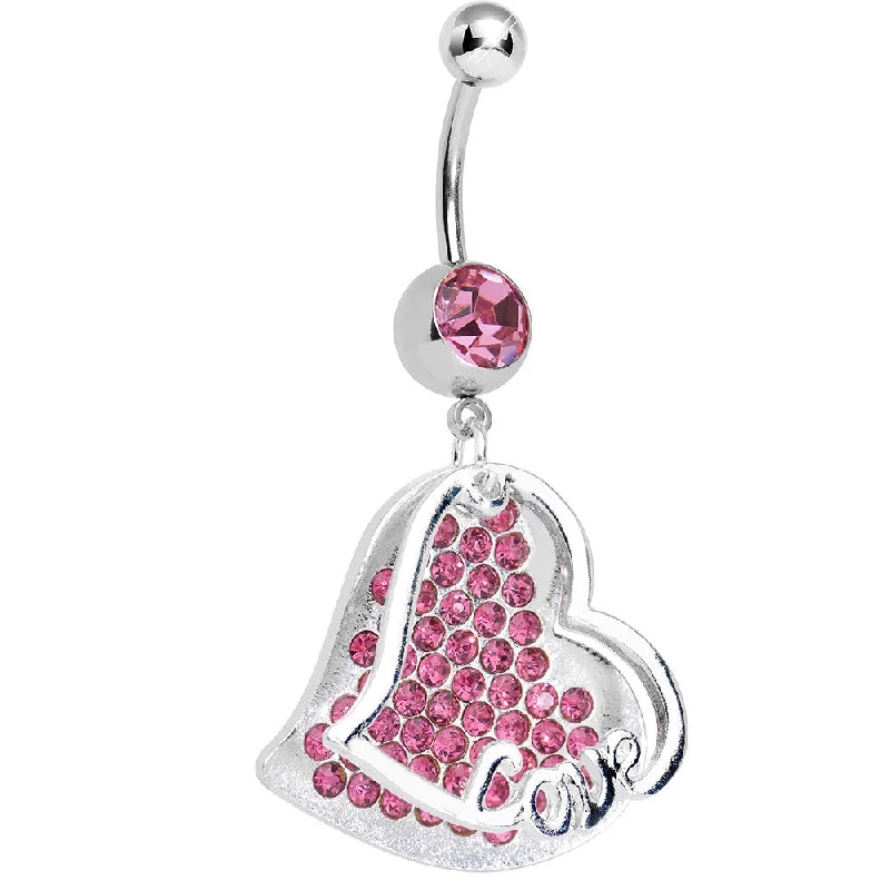 Comfortable Belly Rings for Casual Looks -Pink Gem Paved Love Heart Dangle Belly Ring Comfortable Belly Rings for Casual Looks -Pink Gem Paved Love Heart Dangle Belly Ring