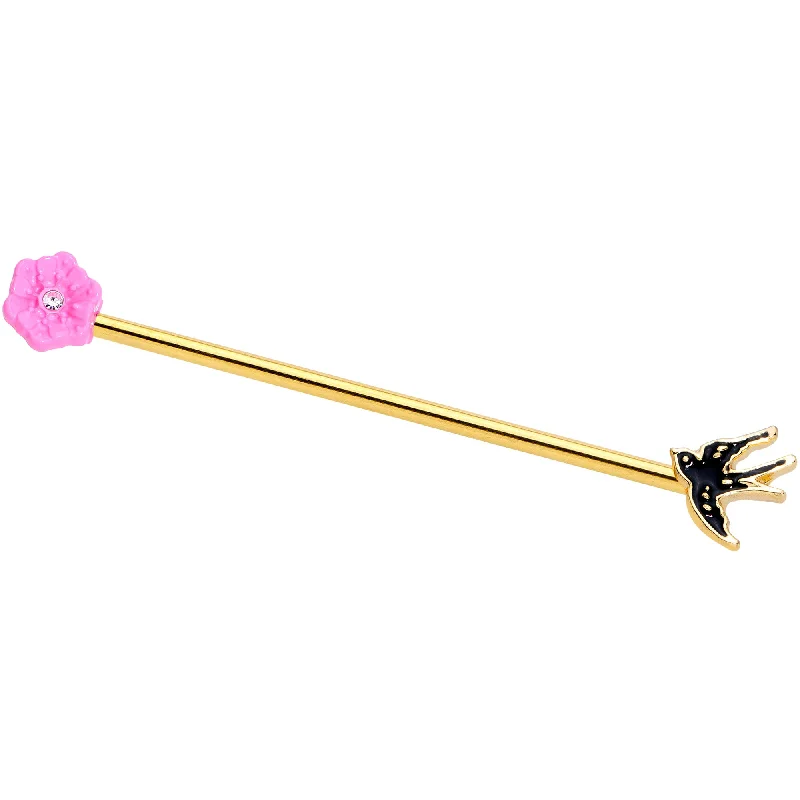 Women's Earrings – Elegant Designs for Every Personality--14 Gauge Clear Gem Gold Tone Bird Flower Industrial Barbell 38mm