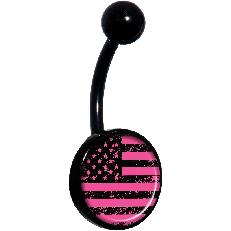 Comfortable Belly Rings for Trendy Women -Pink American Flag Black Belly Ring