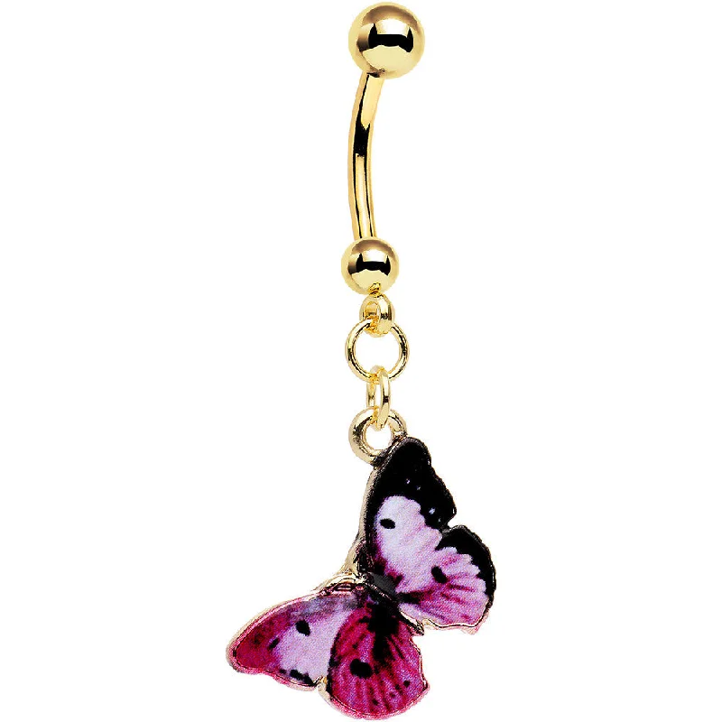 Stylish Belly Rings for Fashionistas -Gold Anodized Steel Pink and Black Butterfly Dangle Belly Ring Stylish Belly Rings for Fashionistas -Gold Anodized Steel Pink and Black Butterfly Dangle Belly Ring