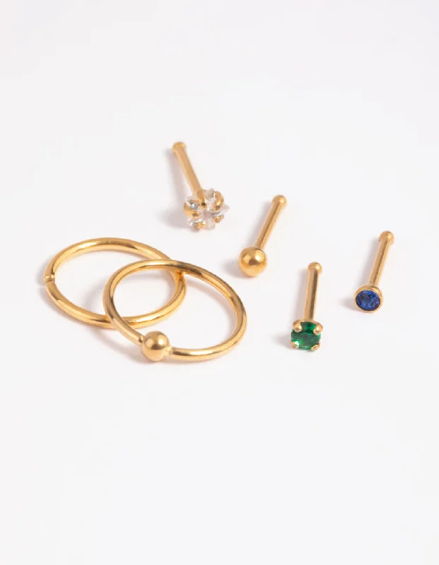 Nose Rings with Minimal Design -Gold Plated Titanium Green Nose Studs