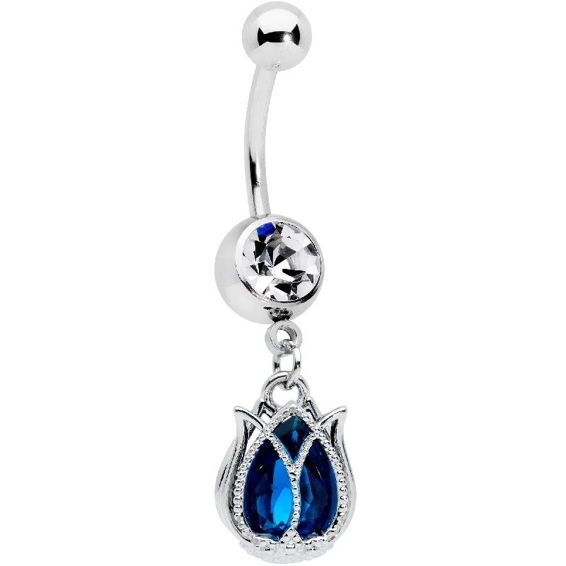 Beautiful Belly Rings with Polished Shine -Clear Blue Gem Tulip Petal Flower Dangle Belly Ring Beautiful Belly Rings with Polished Shine -Clear Blue Gem Tulip Petal Flower Dangle Belly Ring