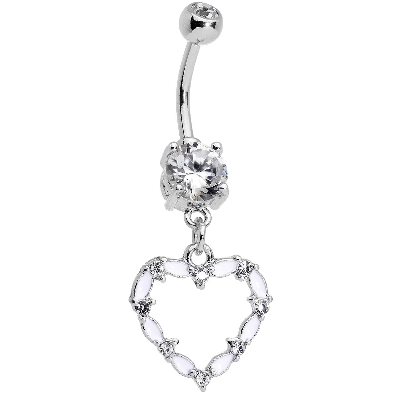 Comfortable Belly Rings for Unique Look -Clear Gem White Whole Heart Dangle Belly Ring