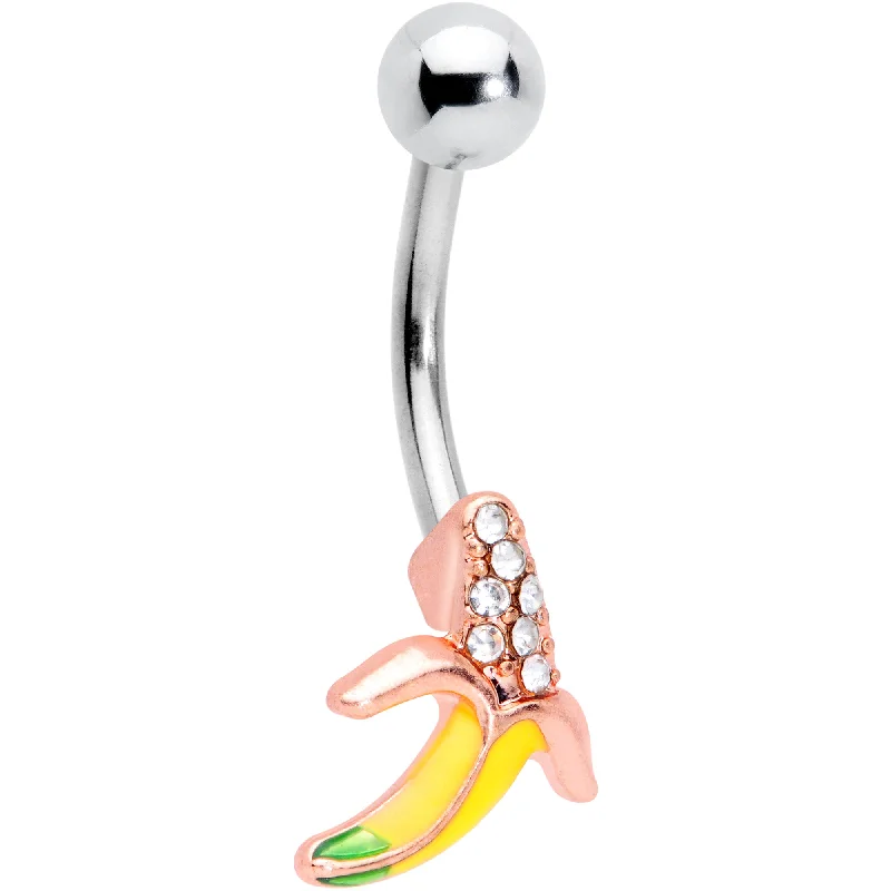 Designer Belly Rings with Exclusive Appeal -Clear CZ Gem Rose Gold Tone Glam Banana Belly Ring Designer Belly Rings with Exclusive Appeal -Clear CZ Gem Rose Gold Tone Glam Banana Belly Ring