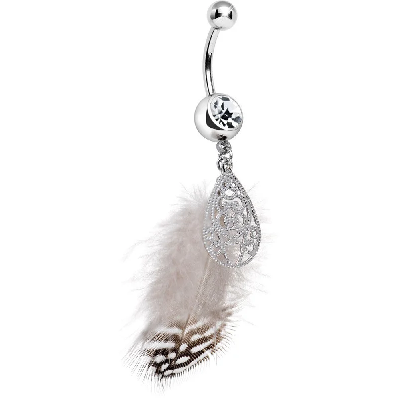 Designer Belly Rings for Unique Looks -Modest Ornate Teardrop Polka Dot Feather Belly Ring