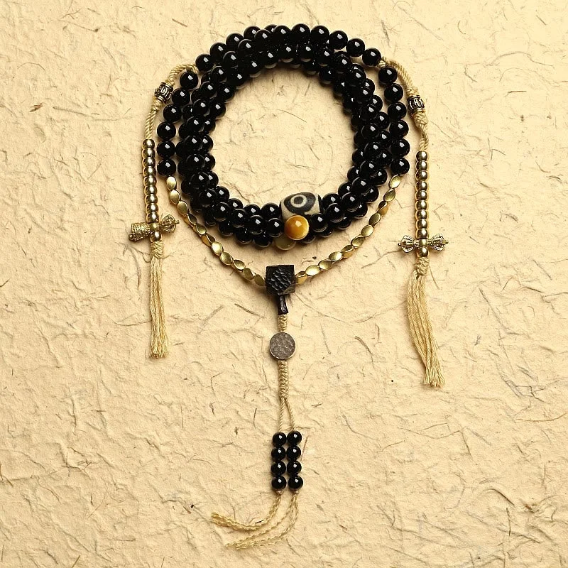 Unique Men's Stretch Bracelets-Buddha Stones Tibetan 108 Mala Beads Black Onyx Three-eyed Dzi Beads Protection Bracelet Unique Men's Stretch Bracelets-Buddha Stones Tibetan 108 Mala Beads Black Onyx Three-eyed Dzi Beads Protection Bracelet