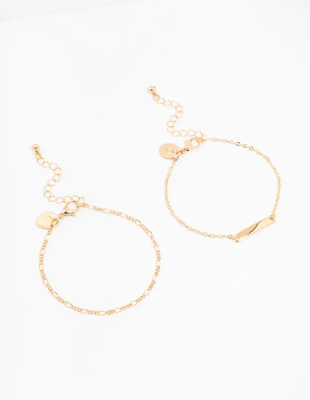 Gem-Studded Silver Bangles for Women-Gold Figaro & Bar Bracelets 2-Pack