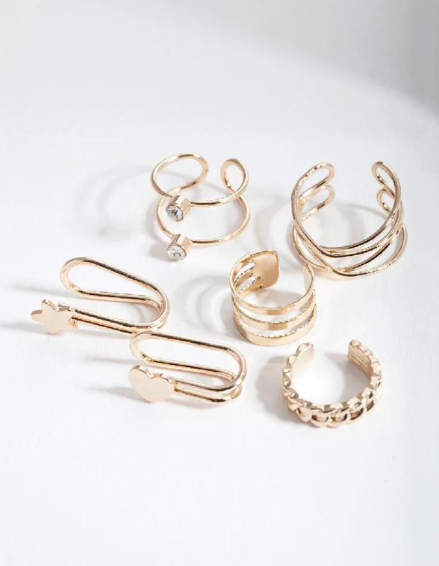 Women's Earrings – Elegant Designs for Every Personality--Gold Mixed Texture Ear Cuff 6-Pack
