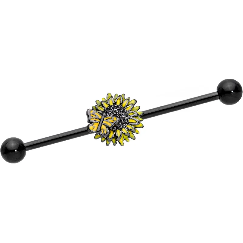 Women's Earrings – Elegant Designs for Every Personality--14 Gauge Black Sunflower Butterfly Industrial Barbell 38mm