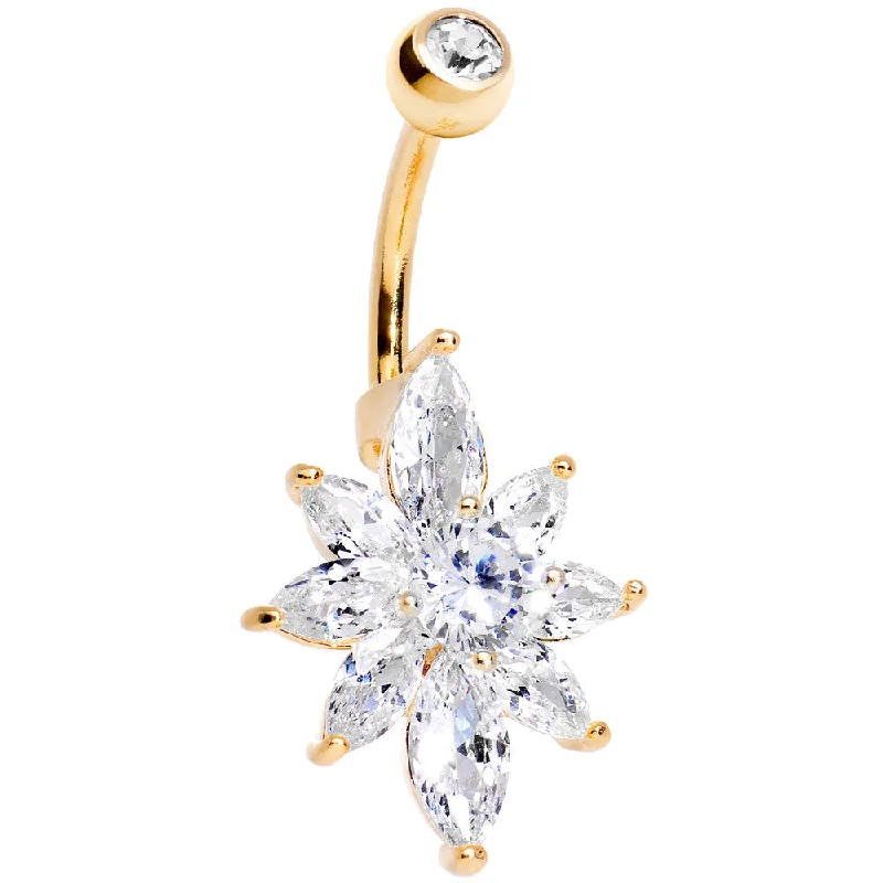 Elegant Belly Rings for Sophisticated Style -Clear Cubic Zirconia 14kt Gold Plated Marquise Petals Flower Belly Ring