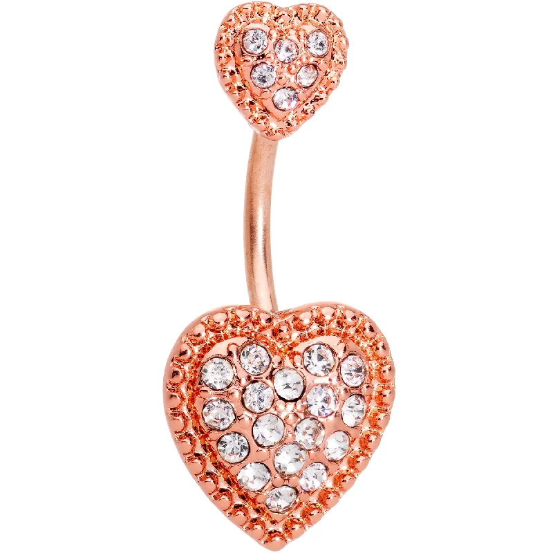 Belly Rings with Gemstone Detailing for Bold Style -Clear CZ Gem Rose Gold Tone Art Deco Heart Double Mount Belly Ring Belly Rings with Gemstone Detailing for Bold Style -Clear CZ Gem Rose Gold Tone Art Deco Heart Double Mount Belly Ring