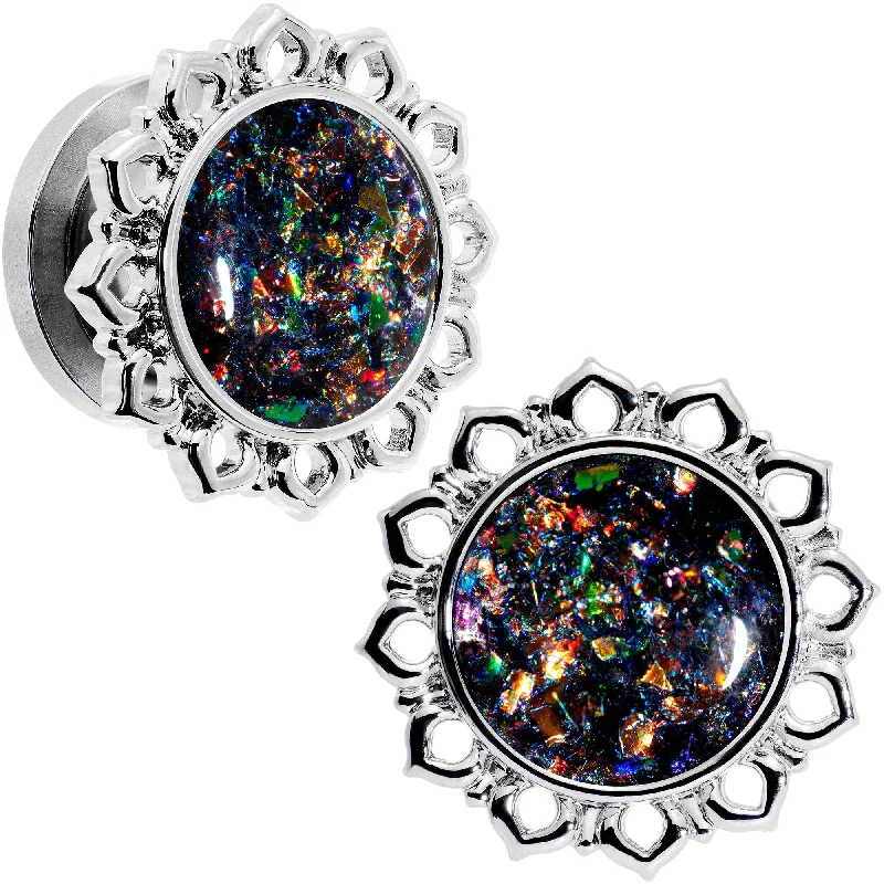 Women's Earrings – Elegant Designs for Every Personality--Handcrafted Black Faux Opal Mandala Screw Fit Plug Set Sizes 8mm to 20mm