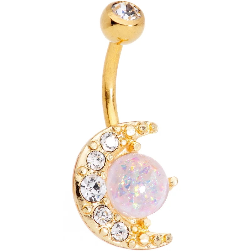 Comfortable Belly Rings for Smooth Feel -Clear Gem White Faux Opal Gold Tone Night Sky Crescent Moon Belly Ring Comfortable Belly Rings for Smooth Feel -Clear Gem White Faux Opal Gold Tone Night Sky Crescent Moon Belly Ring