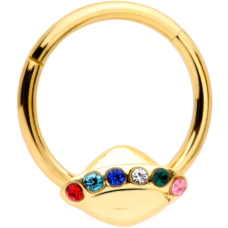 Unique Lip Rings with Custom Designs16 Gauge 3/8 Multicolor Gem Gold Tone UFO Hinged Segment Ring