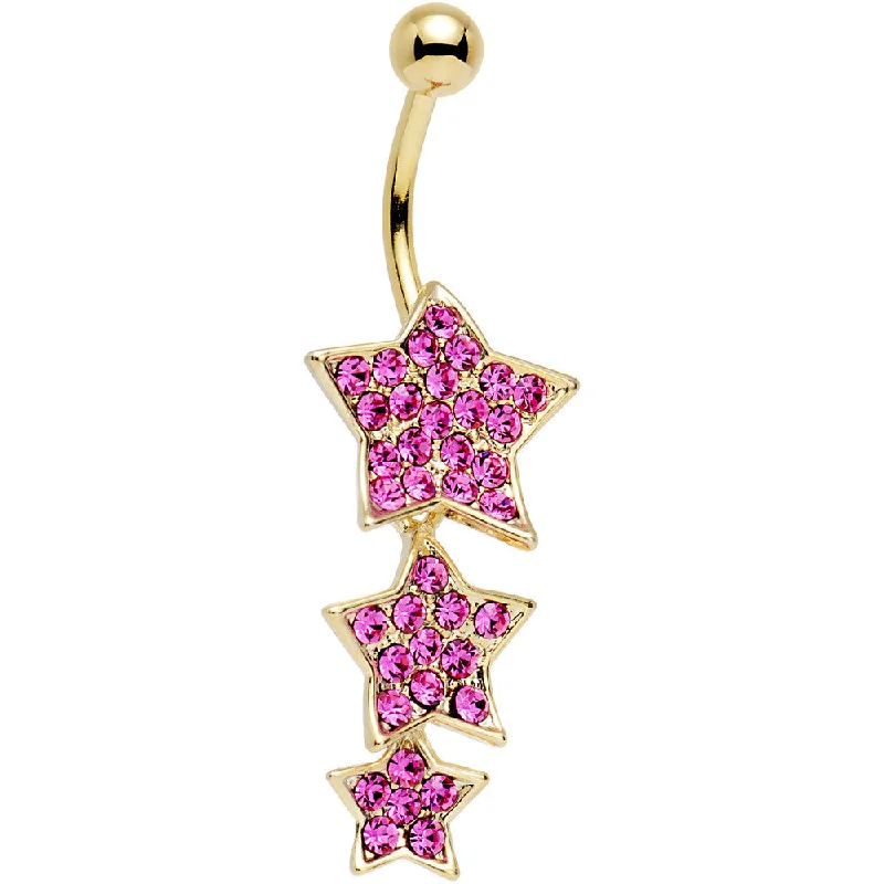 Elegant Belly Rings with Unique Details -Pink Gem Gold Plated Steel Triple Star Dangle Belly Ring Elegant Belly Rings with Unique Details -Pink Gem Gold Plated Steel Triple Star Dangle Belly Ring