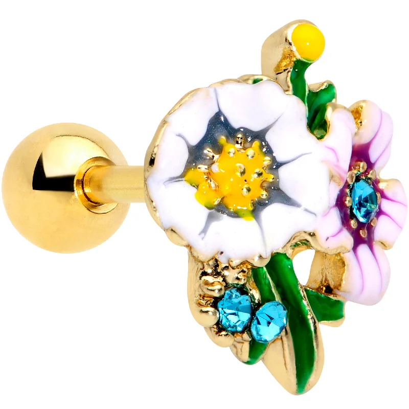 Women's Earrings – Elegant Designs for Every Personality--16 Gauge 1/4 Aqua Gem Gold Hue Bouquet Flower Cartilage Tragus Earring
