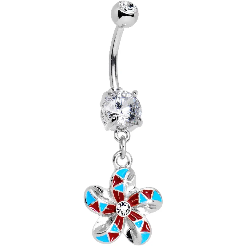 Belly Rings with Exotic Designs -Clear Gem Blue Red Swirl Pinwheel Dangle Belly Ring Belly Rings with Exotic Designs -Clear Gem Blue Red Swirl Pinwheel Dangle Belly Ring