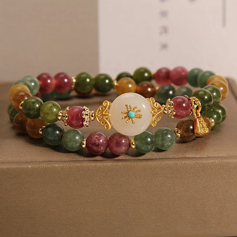 Minimalist Bangles for Women-Buddha Stones Natural Multicolored Tourmaline Positive Jade Flower Double Wrap Bracelet Minimalist Bangles for Women-Buddha Stones Natural Multicolored Tourmaline Positive Jade Flower Double Wrap Bracelet