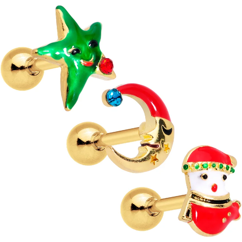 Women's Earrings – Elegant Designs for Every Personality--16 Gauge 1/4 Red Green Gem Merry Christmas Cartilage Tragus Set of 3
