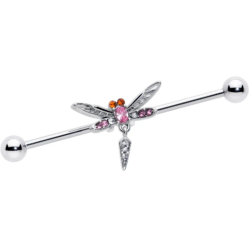 Women's Earrings – Elegant Designs for Every Personality--14 Gauge Pink Orange Gem Swank Dragonfly Dangle Industrial Barbell 38mm