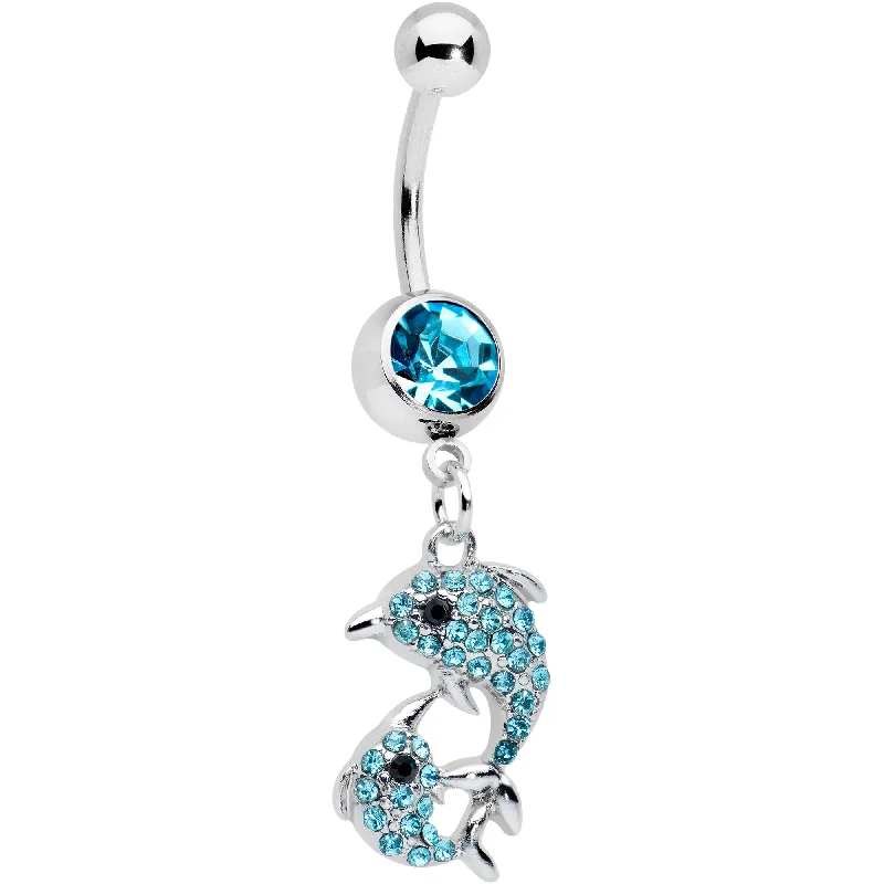 Comfortable Belly Rings for All-Day Comfort -Blue Gem Double Dolphin Dangle Belly Ring Comfortable Belly Rings for All-Day Comfort -Blue Gem Double Dolphin Dangle Belly Ring