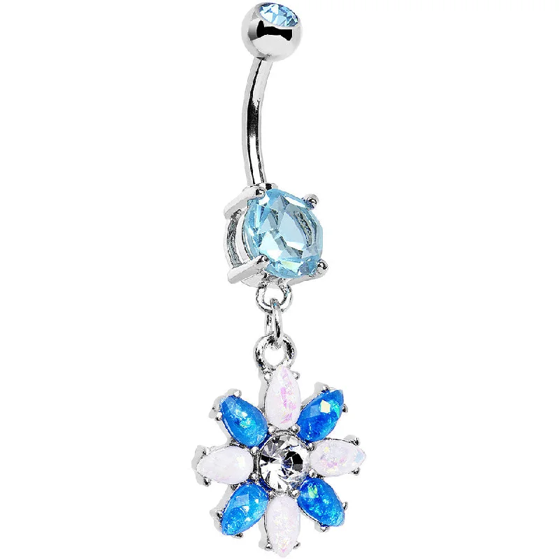 Stylish Belly Rings for Bold Fashion Choices -Blue and White Faux Opal Flower Power Dangle Belly Ring Stylish Belly Rings for Bold Fashion Choices -Blue and White Faux Opal Flower Power Dangle Belly Ring