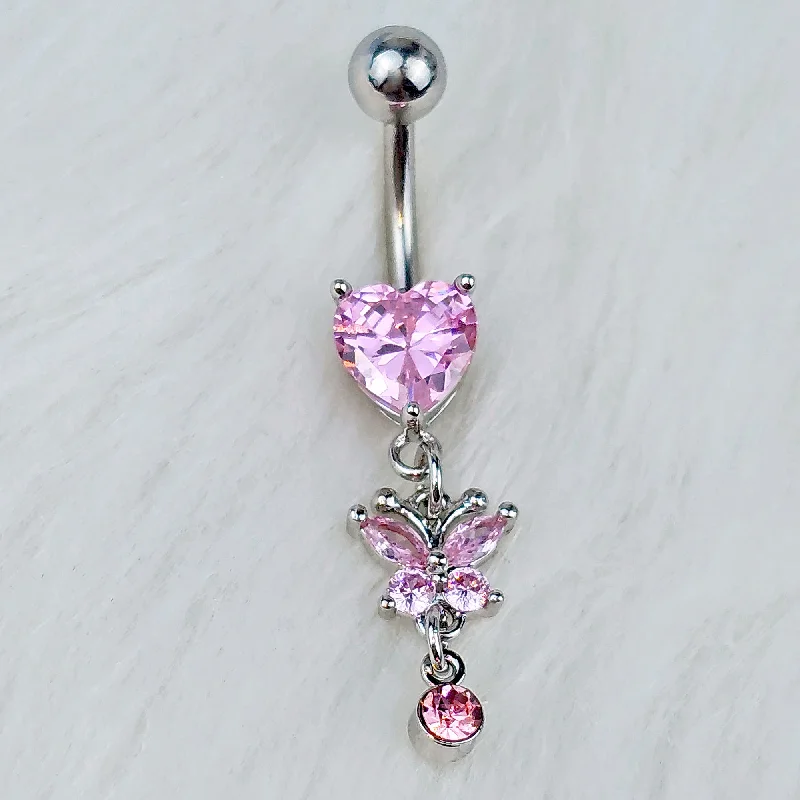 Stylish Belly Rings for Active Lifestyles -Pink Gem Butterfly Have A Heart Dangle Belly Ring Stylish Belly Rings for Active Lifestyles -Pink Gem Butterfly Have A Heart Dangle Belly Ring