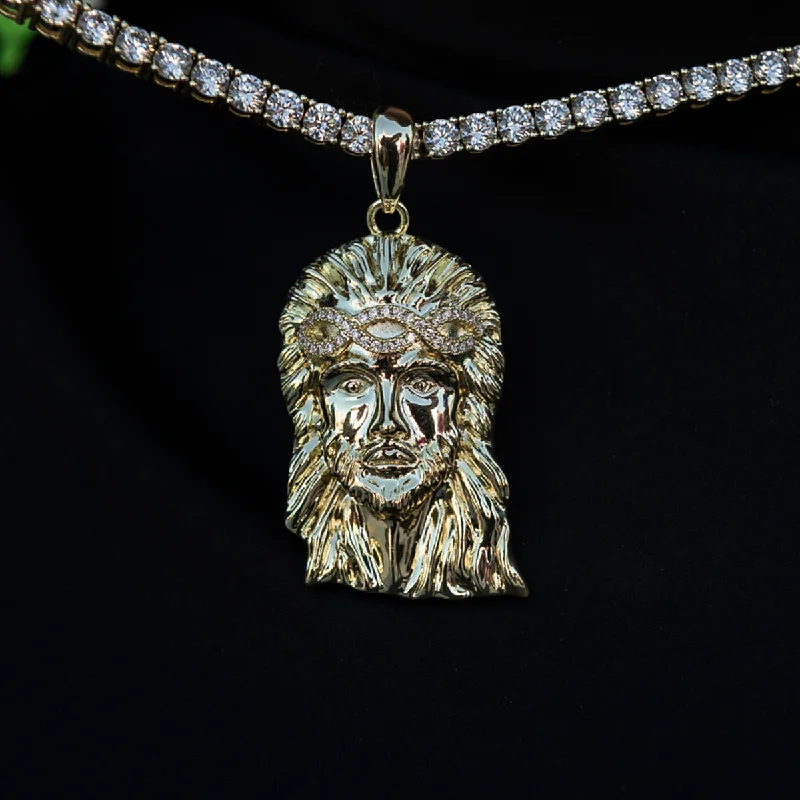 Shop Classic Women's Necklaces & Pendants with a Modern Twist-Large Diamond Crown Portrait of Jesus Pendant in Yellow Gold Shop Classic Women's Necklaces & Pendants with a Modern Twist-Large Diamond Crown Portrait of Jesus Pendant in Yellow Gold