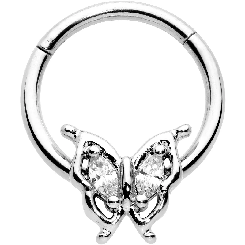 Simple Nose Rings with Classic Appeal -16 Gauge 3/8 Clear Gem Fancy Fab Butterfly Hinged Segment Ring Simple Nose Rings with Classic Appeal -16 Gauge 3/8 Clear Gem Fancy Fab Butterfly Hinged Segment Ring