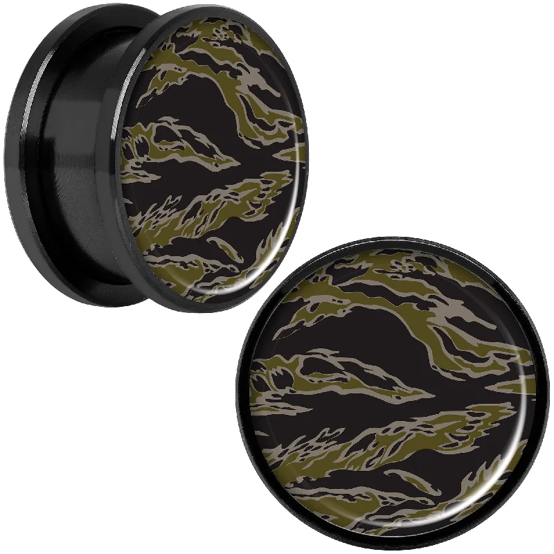 Women's Earrings – Elegant Designs for Every Personality--Tiger Camo Print Black Anodized Screw Fit Plug Set 18mm Women's Earrings – Elegant Designs for Every Personality--Tiger Camo Print Black Anodized Screw Fit Plug Set 18mm
