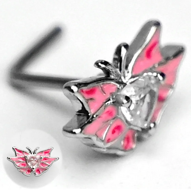 Nose Rings for Timeless Elegance -20 Gauge 7mm Clear Gem Heart Butterfly Pink Wings L Shape Nose Ring Nose Rings for Timeless Elegance -20 Gauge 7mm Clear Gem Heart Butterfly Pink Wings L Shape Nose Ring
